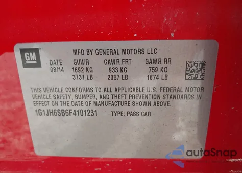 2015 Chevrolet Sonic Rs Manual из США, поврежденный, VIN 1G1JH6SB6F4101231